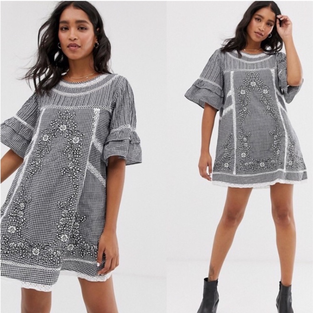 NWT Free People Sunny Day Gingham Embroidered Floral Babydoll Dress Cottagecore